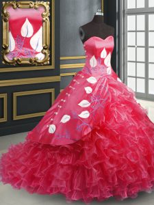 Beautiful Coral Red Organza Lace Up Sweetheart Sleeveless Sweet 16 Quinceanera Dress Brush Train Embroidery and Ruffled Layers