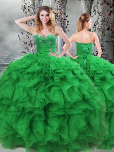 Customized Green Ball Gown Prom Dress Military Ball and Sweet 16 and Quinceanera with Beading and Ruffles Sweetheart Sleeveless Lace Up
