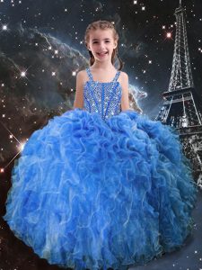 Floor Length Lace Up Girls Pageant Dresses Baby Blue for Quinceanera and Wedding Party with Beading and Ruffles