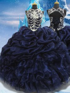 Captivating Taffeta High-neck Sleeveless Lace Up Appliques and Ruffles and Pick Ups Sweet 16 Quinceanera Dress in Navy Blue