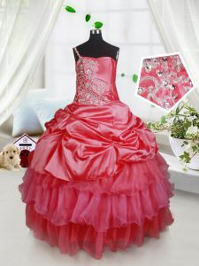 Ruffled Red Sleeveless Organza and Taffeta Lace Up Little Girl Pageant Gowns for Quinceanera and Wedding Party