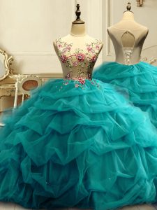 Teal Organza Lace Up Quinceanera Gown Sleeveless Floor Length Appliques and Ruffles and Sequins