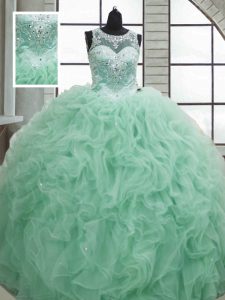 Shining Sleeveless Organza Floor Length Lace Up Sweet 16 Quinceanera Dress in Apple Green with Beading and Ruffles
