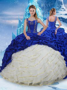 Ball Gowns Sleeveless Blue And White Quinceanera Gowns Brush Train Lace Up