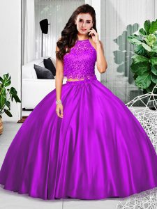 Sweet Sleeveless Floor Length Lace and Ruching Zipper Sweet 16 Dresses with Eggplant Purple