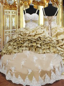 Flirting Champagne Lace Up Straps Beading and Appliques and Ruffled Layers and Pick Ups 15th Birthday Dress Taffeta Sleeveless