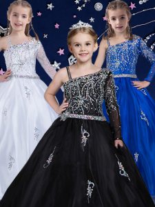 Great Ball Gowns Child Pageant Dress Black Asymmetric Organza Sleeveless Floor Length Zipper