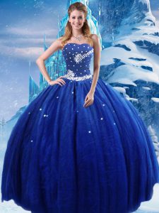 Glittering Ball Gowns Quinceanera Gowns Royal Blue Strapless Tulle Sleeveless Floor Length Lace Up