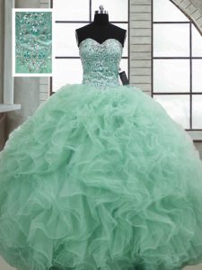 Apple Green Organza Lace Up Quinceanera Gown Sleeveless Floor Length Beading and Ruffles