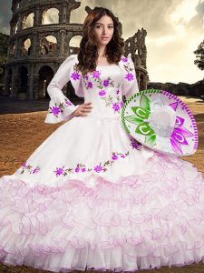 Captivating Long Sleeves Floor Length Embroidery and Ruffled Layers Lace Up Quinceanera Dress with White