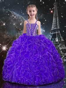 Ball Gowns Girls Pageant Dresses Eggplant Purple Straps Organza Sleeveless Floor Length Lace Up