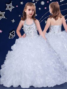 Enchanting White Organza Lace Up Halter Top Sleeveless Floor Length Pageant Gowns For Girls Beading and Ruffles