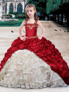 Vintage Straps Pick Ups Floor Length Ball Gowns Sleeveless White and Wine Red Child Pageant Dress Lace Up
