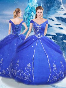 Beautiful V-neck Short Sleeves Quinceanera Gown Floor Length Appliques Blue Tulle