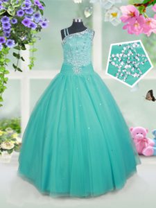 Turquoise Sleeveless Tulle Zipper Little Girls Pageant Dress Wholesale for Quinceanera and Wedding Party
