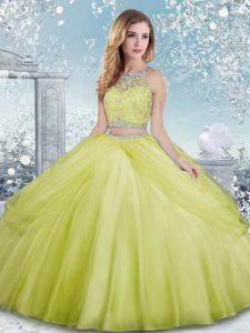 Stunning Scoop Sleeveless Quinceanera Dress Floor Length Beading Yellow Green Tulle