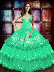Turquoise Taffeta Lace Up Quince Ball Gowns Sleeveless Floor Length Embroidery and Ruffled Layers