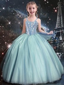 Teal Lace Up Straps Beading Little Girls Pageant Dress Wholesale Tulle Sleeveless