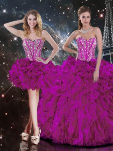 Chic Sleeveless Organza Floor Length Lace Up Vestidos de Quinceanera in Fuchsia with Beading and Ruffles