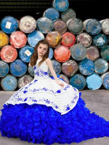 Fantastic Blue And White Ball Gowns Organza Sweetheart Sleeveless Embroidery and Ruffled Layers Lace Up Little Girls Pageant Dress Wholesale Brush Train