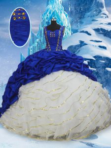 Blue And White Sleeveless Brush Train Ruffled Layers and Pick Ups Ball Gown Prom Dress