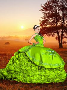 Sweetheart Sleeveless Ball Gown Prom Dress Brush Train Embroidery and Ruffles Organza