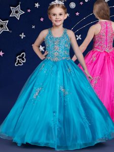 Customized Scoop Sleeveless Organza Floor Length Zipper Girls Pageant Dresses in Blue with Beading