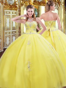Super Sleeveless Floor Length Beading and Appliques Lace Up Sweet 16 Quinceanera Dress with Gold