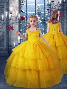 Ruffled Layers Little Girls Pageant Gowns Gold Lace Up Sleeveless Floor Length