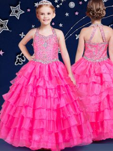 Halter Top Ruffled Hot Pink Sleeveless Organza Zipper Kids Formal Wear for Quinceanera and Wedding Party