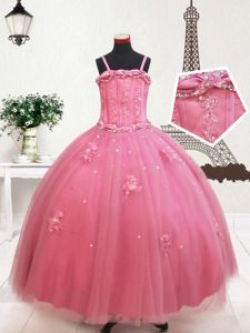 Straps Sleeveless Floor Length Beading and Appliques Zipper Little Girls Pageant Dress with Hot Pink