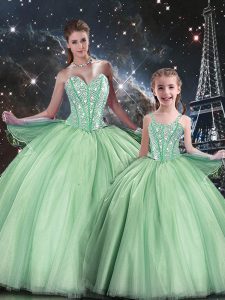 Fabulous Sleeveless Floor Length Beading Lace Up 15th Birthday Dress with Apple Green