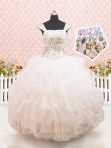 Straps Ruffled White Cap Sleeves Organza Lace Up Little Girl Pageant Dress for Quinceanera and Wedding Party