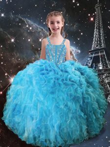 New Arrival Aqua Blue Straps Lace Up Beading and Ruffles Little Girl Pageant Gowns Sleeveless