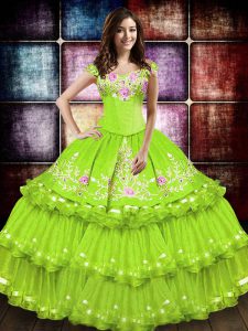Unique Yellow Green Ball Gowns Off The Shoulder Sleeveless Taffeta Floor Length Lace Up Embroidery and Ruffled Layers Sweet 16 Dress