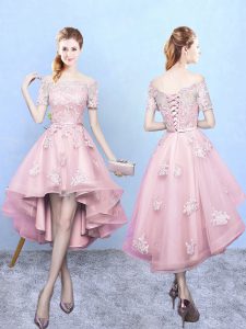 Baby Pink Short Sleeves Lace High Low Dama Dress
