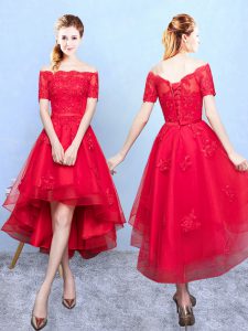 Wine Red A-line Organza Off The Shoulder Half Sleeves Appliques High Low Lace Up Dama Dress for Quinceanera