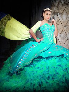 Charming Turquoise Lace Up Sweetheart Embroidery and Ruffles 15 Quinceanera Dress Organza Sleeveless Brush Train