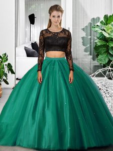 Dramatic Dark Green Backless Quinceanera Gown Lace and Ruching Long Sleeves Floor Length