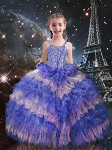 Sleeveless Organza Floor Length Lace Up Pageant Gowns For Girls in Lilac with Beading and Ruffled Layers