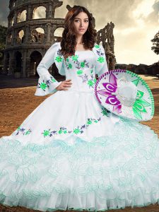 Fancy Embroidery and Ruffled Layers Vestidos de Quinceanera White Lace Up Long Sleeves Floor Length