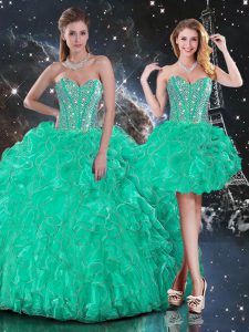 Turquoise Organza Lace Up Sweetheart Sleeveless Floor Length 15th Birthday Dress Beading and Ruffles
