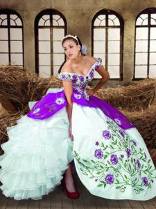 High Class Multi-color Quince Ball Gowns Military Ball and Sweet 16 and Quinceanera with Embroidery and Ruffled Layers Off The Shoulder Sleeveless Lace Up