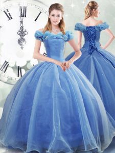 Sleeveless Pick Ups Lace Up Quinceanera Gowns with Light Blue Brush Train