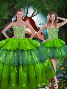 Sumptuous Olive Green Ball Gowns Sweetheart Sleeveless Organza Floor Length Lace Up Beading and Ruffled Layers Sweet 16 Quinceanera Dress