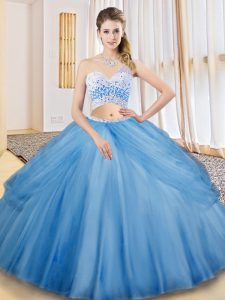 Baby Blue Criss Cross One Shoulder Beading and Ruching and Pick Ups Quinceanera Gown Tulle Sleeveless