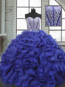 Delicate Sleeveless Floor Length Beading and Ruffles Lace Up Quinceanera Dress with Blue