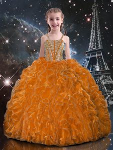 Orange Red Organza Lace Up Straps Sleeveless Floor Length Kids Pageant Dress Beading and Ruffles
