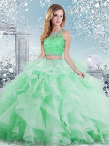 Best Floor Length Clasp Handle Sweet 16 Quinceanera Dress Apple Green for Military Ball and Sweet 16 and Quinceanera with Beading and Ruffles