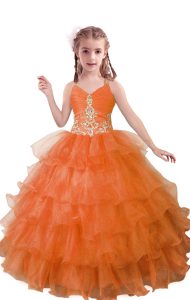 Floor Length Orange Red Child Pageant Dress Organza Sleeveless Beading and Ruffled Layers